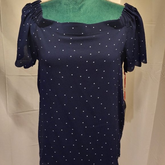 Elle NWT Off Shoulder Scalloped Blouse Navy & White Polka Dots Small - Picture 3 of 15